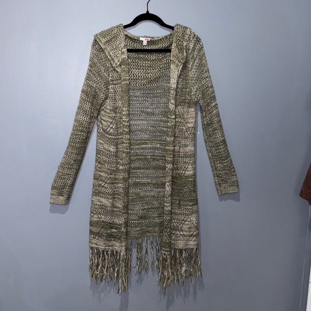 Bongo Cardigan Sweater Women‎ XL Green Knit Hooded Fringe Boho Longline Festival
